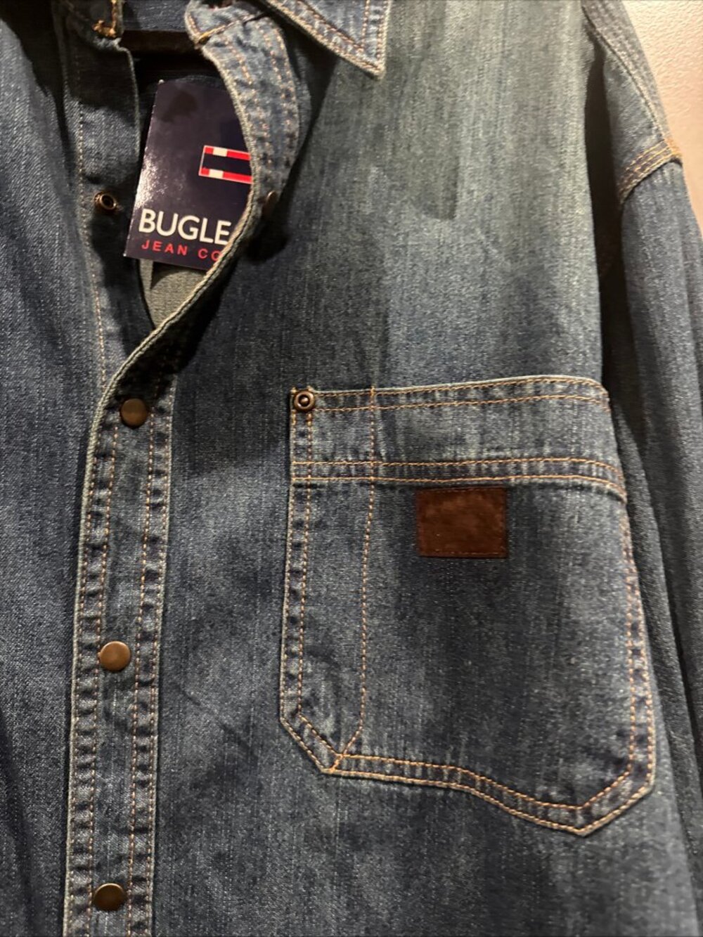 Vintage Bugle Boy Denim Button Up Snap Long Sleeve Shirt Sun Fade Men's L